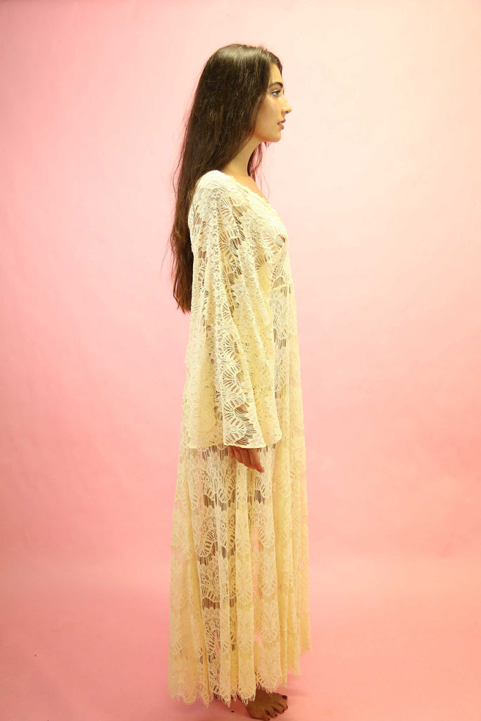 70s Style Cream Lace Angel Sleeve Maxi Dress