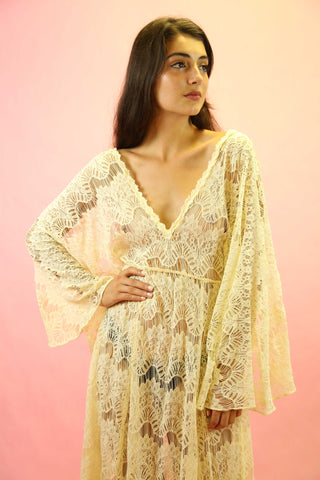70s Style Mocha Lace Angel Sleeve Maxi Dress