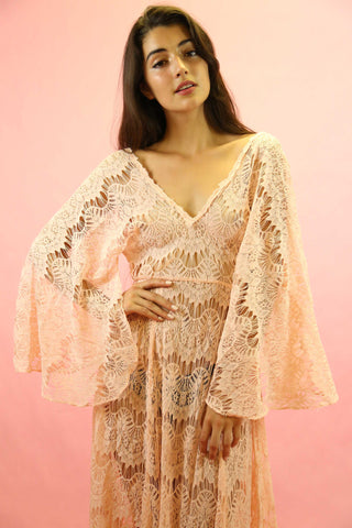 70s Style Cream Lace Angel Sleeve Maxi Dress