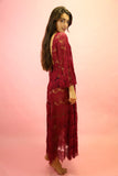1970s Style Burgundy Lace Angel Sleeve Maxi Dress