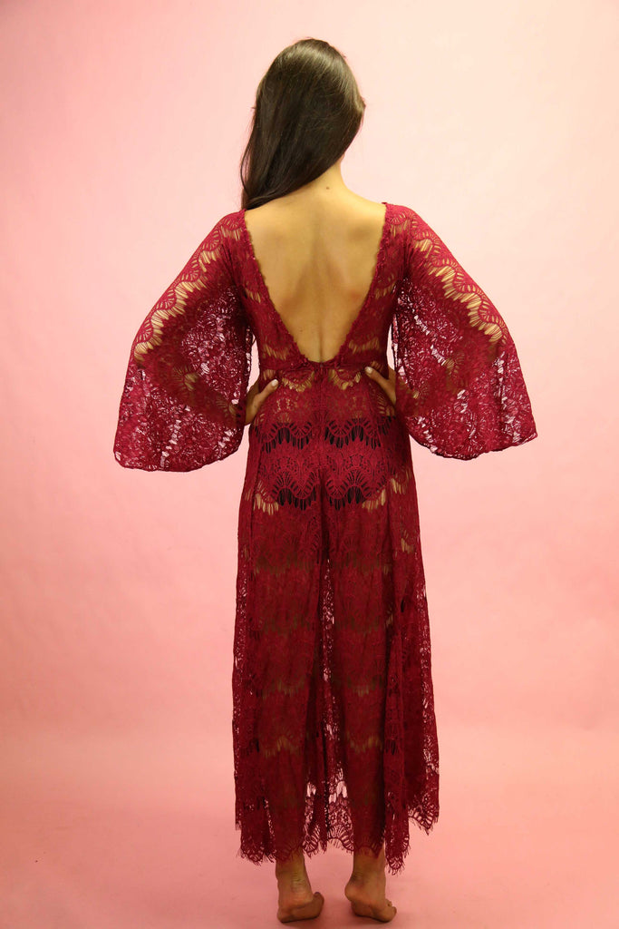 1970s Style Burgundy Lace Angel Sleeve Maxi Dress