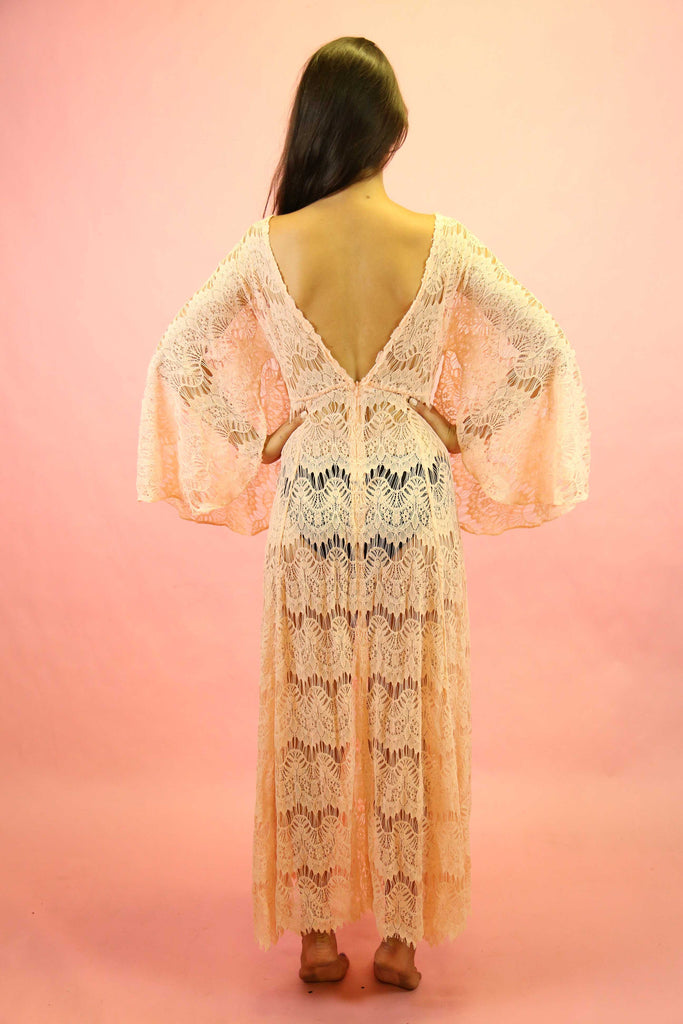 70s Style Pink Lace Angel Sleeve Maxi Dress