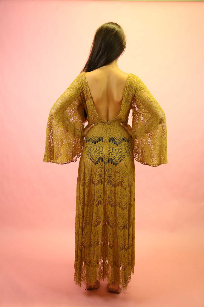 70s Style Mocha Lace Angel Sleeve Maxi Dress